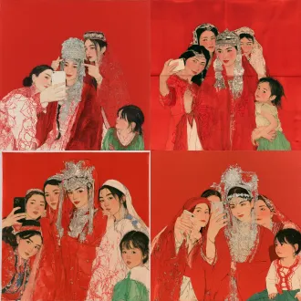国展绢本工笔重彩人物画，正方形构图，哑光正红背景，塔吉克妇孺群像，居中新娘戴银饰穿红袍，左侧女子自拍，右下角绿裙小女孩，红调刺绣，铁线描薄染，低对比平面感，绢本质感，柔和雅致，全国美展风格，