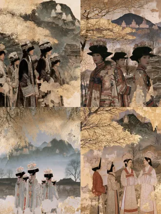 国展绢本工笔重彩土族女子群像，竖幅构图，高顶花饰礼帽刺绣长袍，鎏金枝叶层叠远山佛造像木屋，矿物岩彩贴金工艺，低饱和复古色调，匀细铁线描，斑驳古旧肌理，含蓄静谧，全国美展风格