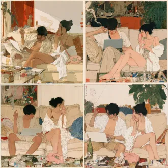 国展现代工笔人物《零点》，方形构图，温馨居家客厅沙发，年轻夫妻，男子持烟操作笔记本，女子裹白毛巾穿吊带裙拿粉座机，茶几满杂物，背景陈设丰富，低饱和暖调，细腻工笔线条，薄染分染，平面柔光，烟火气，绢本质感，含蓄静谧，写实细腻，新工笔风格