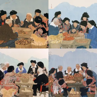 国展绢本工笔重彩群像，方形构图，湘西苗寨各族乡亲围木桌，白对襟老者，竹篮盛红薯花生，苗绣服饰黑头帕，黄狗小鸡竹背篓，淡青远山，温润雅致，铁线描薄染，柔和平光，乡土温情，绢本质感，新工笔写实，1:1方形，v6.0