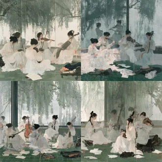五位休闲穿搭年轻女乐手演奏，竖幅构图，玻璃镜面反射，窗外垂柳，青砖地面散落乐谱琴包，淡墨淡彩，细腻线条，薄罩染，淡雅灰调，朦胧诗意，纸本新工笔，国展风格