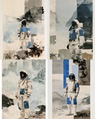 竖幅构图，国展纸本当代水墨工笔，中心站立中国航天员，白宇航服透明头盔带蓝色块面，拼贴解构背景，航天元素淡墨山川，细密蓝线，低灰度素雅，淡墨浅蓝米白灰棕，斑驳肌理，笔墨写意平面构成，冷静宏大，理性新水墨，全国美展风格，