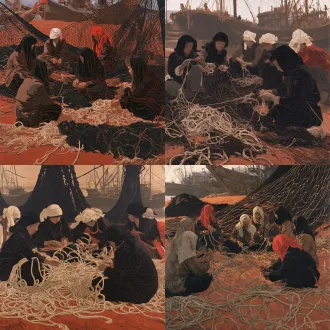 国展绢本重彩工笔人物画，方形构图，渔村，多名头巾面罩渔家妇女围坐理巨网，朴素工装，细密粗麻绳渔网占满画面，红褐土地，背景渔船，暖棕土红深黑浓郁色调，扎实线条，平面装饰感，厚重罩染，乡土劳动写实，绢本质感，第十三届全国美展风格，无油画厚涂，