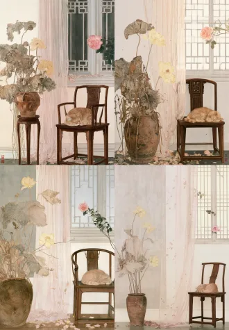 国展绢本淡彩工笔花鸟静物，竖幅，雅致新中式室内，左侧赭褐陶罐插残荷浅黄荷花，右侧窗格粉蔷薇，木椅蜷睡橘猫，浅粉纱帘散落花瓣，低饱和粉灰绿米白，细腻线条薄染罩色，清雅静谧留白，绢本肌理，全国美展工笔风格，柔和平光，