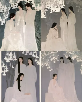 国展绢本工笔人物竖幅，三位年轻女子，一席地休憩两站立，素色轻薄长裙，满树垂吊白曼陀罗，灰蓝灰紫低饱和莫兰迪色，细腻线条薄染淡彩，朦胧静谧忧郁，平面装饰感，弱化光影，绢本矿物淡彩，当代工笔风格，无厚涂，