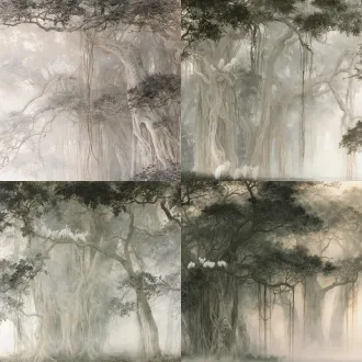 国展绢本淡彩工笔花鸟画，方形构图，南国古榕林间，群白鹭栖薄雾，古榕虬曲气根垂落，枝叶细密，雾气朦胧，枝梢散小鸟，素雅色调，米白浅灰淡赭，弱化轮廓，虚实相生，空灵静谧，薄染淡彩，氤氲仙气，全国美展风格，无油画厚涂，