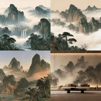 国展山水作品，对称构图，层峦叠嶂，飞瀑流泉，宋韵笔墨，焦墨宣纸纹理，侧逆光，云雾缭绕，石青赭石色调，磅礴大气，8k高清。