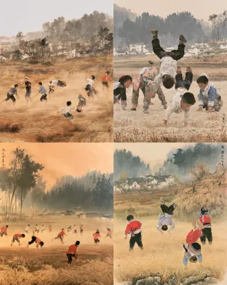 国展绢本重彩工笔人物画，方形构图，乡村少数民族孩童嬉闹，劈叉倒立欢呼，秸秆田地村舍树林背景，暖调矿物色赭石土黄灰红，精致线条温润罩染，柔光朦胧，平面装饰性，乡土童趣，当代工笔，全国美展风格，无油画厚涂