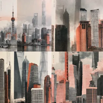 国展现代城市水墨山水，竖幅构图，陆家嘴摩天楼群，白描线条勾勒窗格，焦墨淡赭设色，满构图，左上角竖排题款，新水墨金石线条，宣纸质感，秩序感，平光，全国美展国画风