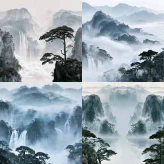国展山水意境作品，居中对称构图，水墨晕染，层叠远山云雾缭绕，飞瀑流泉，苍松迎客，宣纸纹理，淡青灰主色调，长焦镜头，侧逆光，静谧悠远，国风写意。