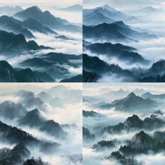 国展山水作品，竖幅构图，层峦叠嶂，云雾缭绕，水墨晕染，焦墨笔触，宣纸纹理，侧逆光，淡雅青灰色调，悠远意境，沉静壮丽。