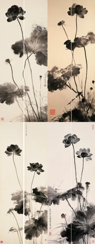 国展大写意水墨荷花，双联竖条屏构图，墨荷挺拔穿插，泼墨荷叶枯笔残莲蓬，墨色层次交融淋漓，虚实相生，题款红印，写意花鸟，苍茫清逸，宣纸肌理，黑白无彩，平光，国展国画风格，