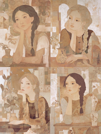 现代国画工笔少女，侧编麻花辫搭在身前，目光悠远沉静，手肘轻靠原木书桌，桌上一只白瓷小花瓶，室内漫射柔光，细腻工笔线条，低饱和国画颜料，淡色背景，大面积留白，含蓄东方美感
