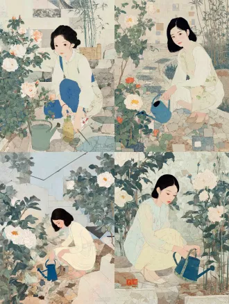 一位年轻姑娘在中式花园里浇花，手持精致洒水壶，蹲在花丛旁细心浇灌，真实人物比例，写实五官，淡雅妆容，神情温柔自然，穿浅色系中式衣裙，衣料柔软飘逸，带有细腻褶皱与刺绣纹理，周围有盛开的牡丹、月季、竹影、石径和木质花架，清晨柔和阳光穿过树叶，空气中有淡淡水汽，背景清幽宁静，中国画人物写实风格，工笔淡彩，水墨晕染，宣纸肌理，细腻笔触，柔和色彩，古典雅致，东方美学，构图平衡，人物与花园融合自然