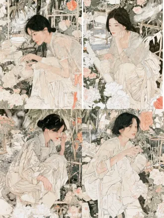 一位年轻姑娘在中式花园里浇花，手持精致洒水壶，蹲在花丛旁细心浇灌，真实人物比例，写实五官，淡雅妆容，神情温柔自然，穿浅色系中式衣裙，衣料柔软飘逸，带有细腻褶皱与刺绣纹理，周围有盛开的牡丹、月季、竹影、石径和木质花架，清晨柔和阳光穿过树叶，空气中有淡淡水汽，背景清幽宁静，中国画人物写实风格，工笔淡彩，水墨晕染，宣纸肌理，细腻笔触，柔和色彩，古典雅致，东方美学，构图平衡，人物与花园融合自然,人物偏中国画工笔人物