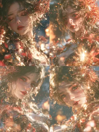 a stunningly beautiful adult east asian woman, enigmatic eastern dark fantasy goddess, flawless elegant chinese facial structure, ethereal makeup — dark red shimmer eyeshadow, glossy deep crimson lips slightly parted. beautiful woman with flowing dark hair adorned with glowing red spider lily flowers. dressed in an exquisite dark crimson and black translucent silk gown, intricate gold filigree, floating burning embers and glowing red petals around her. micro physics: heavy specular highlights on gold ornaments and skin, strong backlit lens flare, light glowing through the translucent petals, drifting golden sparks and embers, dreamy bokeh background of dark mist and distant firelight. cinematic beauty photography, ultra-high detail, photorealistic render, 8k.