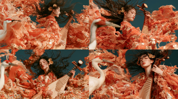 chinese art portrait, oriental goddess playing pipa, long black hair wildly blown by wind, golden flower hair ornaments. red-orange heavy textured torn ancient wide sleeve robe, ripped gauze fabric mixed gold foil fragments, fabric wildly swirling, red-crowned white crane on left, dark teal solid background. dramatic studio side light, rich warm red orange tone, medium full shot, 8k hyperrealistic, rough 3d fabric texture, art installation aesthetic, strong dynamic tension
