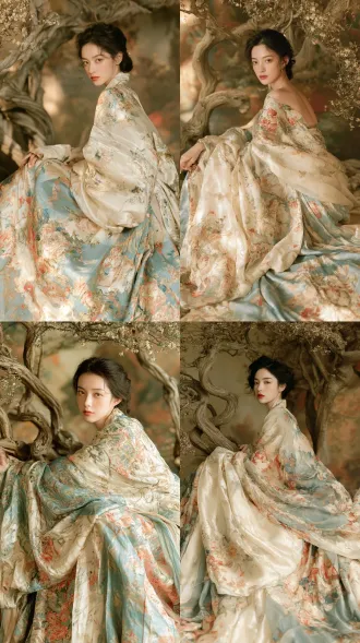 竖幅，国风少女，东亚鹅蛋脸，柔和东方五官，清澈小鹿眼，淡自然古风妆容，简约盘发，没有复杂头饰。优雅坐姿，看向镜头。身着唐制齐胸汉服，轻薄多层大袖纱裙，布满复古花卉印花，米白+浅青混色，纱料轻盈飘逸，裙摆散开。背景：扭曲苍劲老树枝，细碎花叶，朦胧暖调油画背景，柔和漫射自然光，温柔柔光，浅景深，胶片人像质感，细腻皮肤，8k高清，复古油画风，柔和暖色调，氛围感