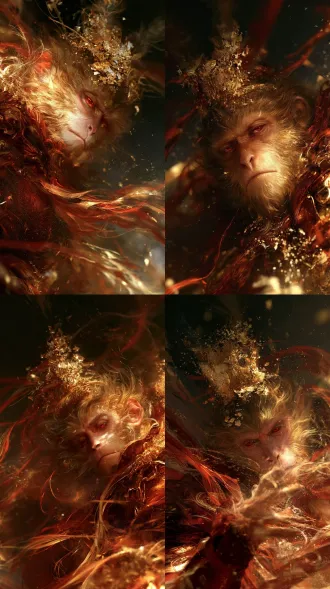 vertical image, 9:16, sun wukong, monkey face, short golden fur, red eyes, lonely expression, ornate gilded crown decorated with gold flakes. dark red ancient armor, swirling red and gold silk ribbons, tilted composition, dark background, rembrandt lighting, warm light illuminate face, grainy texture, floating golden powder particles, freehand chinese illustration, bold brush strokes, rich red-brown color palette, cinematic atmosphere, 8k, oil painting texture