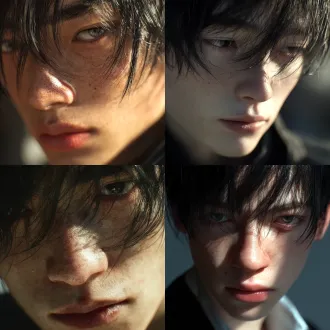 2.5d modeling, unreal engine 5 rendering, high - quality, hyper - realistic，薄嘴唇，东亚黑色头发，帅气男孩，不要反射光，半身，明亮环境，不要特写，不要阴影