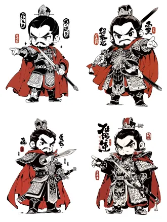 q版刘备大头小身，眼神锐利，着华丽红袍披风、黑金铠甲，持剑前指，水墨暗黑国潮，纯白背景，书法标签徽章，8k插画。