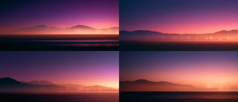 abstract cinematic dusk landscape background plate, no text, no people, no objects, deep violet to magenta to warm amber gradient sky, low soft mountain silhouettes layered in atmospheric haze, calm dark water surface at the bottom with faint horizontal light reflections, scattered soft bokeh light orbs floating in the air, gentle vignette at the edges, smooth film-like grain, painterly but clean, generous empty negative space on the left half for typography, high resolution, 8k, ultra clean composition, subtle depth of field