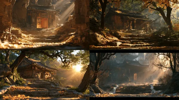a live-action xianxia short-drama concept-art style, widescreen 16:9 horizontal composition. at the end of the back-hill stone steps of xilan mountain lies a swept stone clearing edged with white jade, the stair turning heaped with golden leaves gilded by sunlight, fine light dust drifting among them; in the hollow stands an austere woodshed, its firewood door half-open, the aged wood given a warm patina by morning light, a string of dried herbs hanging under the eaves, and shafts of golden light leaking through the grey tile gaps, spiritual mist curling within the beams and light dust floating. atmosphere and light: an early morning of lingering mist, gold-cyan light shafts pouring straight down through the tile gaps, or warm golden dusk glow slanting onto the eaves corner, the eave mist dyed pale gold. palette: grey-brown earthen walls as base, golden leaves and golden light shafts as accents, austere yet never shabby, quietly ethereal. key-element anchors (must stay identical across generations): the stone-step sweeping clearing + golden sunlit leaves on the ground + the austere woodshed with half-open door + dried herbs under the eaves + golden light shafts through the tile gaps with floating dust; no characters in frame, arri alexa live-action texture, 8k detail, ue5-grade lighting of a golden-lit, mist-wreathed austere back-hill woodshed.