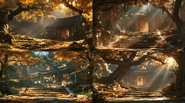 a live-action xianxia short-drama concept-art style, widescreen 16:9 horizontal composition. at the end of the back-hill stone steps of xilan mountain lies a swept stone clearing edged with white jade, the stair turning heaped with golden leaves gilded by sunlight, fine light dust drifting among them; in the hollow stands an austere woodshed, its firewood door half-open, the aged wood given a warm patina by morning light, a string of dried herbs hanging under the eaves, and shafts of golden light leaking through the grey tile gaps, spiritual mist curling within the beams and light dust floating. atmosphere and light: an early morning of lingering mist, gold-cyan light shafts pouring straight down through the tile gaps, or warm golden dusk glow slanting onto the eaves corner, the eave mist dyed pale gold. palette: grey-brown earthen walls as base, golden leaves and golden light shafts as accents, austere yet never shabby, quietly ethereal. key-element anchors (must stay identical across generations): the stone-step sweeping clearing + golden sunlit leaves on the ground + the austere woodshed with half-open door + dried herbs under the eaves + golden light shafts through the tile gaps with floating dust; no characters in frame, arri alexa live-action texture, 8k detail, ue5-grade lighting of a golden-lit, mist-wreathed austere back-hill woodshed.