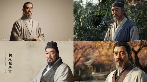 50岁左右的东汉士大夫，面容清瘦，颧骨微高，双目深邃沉静，长须微白。身着东汉直裾深衣，素色（月白或淡青），面料为粗麻质感，无纹饰或仅有极简的隐纹。头戴东汉文官进贤冠（三梁），冠缨为素色丝带。腰间系素色革带，佩一枚素面玉玦。身形挺拔但不魁梧，举手投足沉稳从容。表情基调：平静内敛，目光中带有洞察世事的锐利与悲悯。服饰参考：东汉直裾深衣普及后的文官常服形制。整体气质如“关西孔子”，儒雅中带有不可撼动的刚正。
