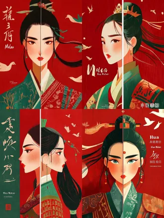 花木兰动画电影海报，正面胸像特写，正中竖剑劈脸为二，左半温婉女装右半刚硬戎装，朱砂红纯色背景，飞白书法，长城剪影，木刻年画版画风格，块面色块，刀刻颗粒，粗线描边，无渐变，传统国风配色，平光，无3d无写实感