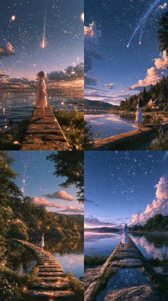 medium shot anime girl, 18 years old, long lavender hair, white sundress, standing on long stone embankment, countless falling glowing star fragments, quiet lake reflecting twilight, soft purple sky, makoto shinkai lighting, detailed background, anime wallpaper