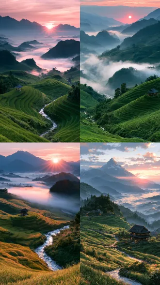anime landscape, layered mountain terraces, morning mist drifting between ridges, pink sunrise glow, small wooden pavilion, winding stream, soft haze, vibrant pastoral scenery, clean anime painting, mobile wallpaper