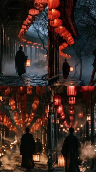 medium shot anime boy, 20 years old, black hair, dark hanfu, walking on ancient covered corridor, holding warm paper lantern, fog drifting around, red lanterns hanging along corridor, dim warm light, tranquil oriental fantasy