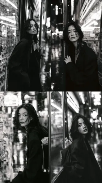mobile phone wallpaper, medium shot portrait, 20 year old east asian young woman, standing outside a late-night convenience store, slightly wet hair, dark oversized blazer, calm distant gaze, one hand resting near the door frame, rain droplets on glass, neon sign reflections dissolved in the wet street, shallow depth of field but background remains clear enough, balanced composition, cinematic texture, soft natural lighting, black and white, monochrome, film grain, high contrast black and white photography, realistic photographic style, 8k, ultra-detailed, high sharpness negative prompt: blurry, deformed, extra limbs, ugly, disfigured, text, watermark, logo, messy background, overexposed, bad anatomy, oversaturated color