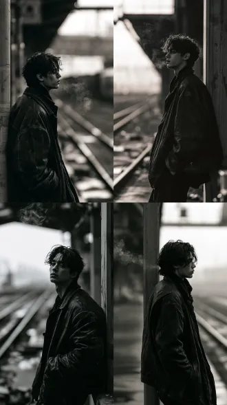 mobile phone wallpaper, medium shot portrait, 22 year old east asian young man, standing alone in an abandoned railway station, worn leather jacket, messy dark hair, leaning against a concrete pillar, faint smoke rising in the air, distant train tracks vanishing into shadow, quiet rebellious mood, balanced composition, cinematic texture, soft natural lighting, black and white, monochrome, film grain, high contrast black and white photography, realistic photographic style, 8k, ultra-detailed, high sharpness negative prompt: blurry, deformed, extra limbs, ugly, disfigured, text, watermark, logo, messy background, overexposed, bad anatomy, oversaturated color