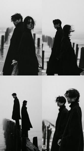 mobile phone wallpaper, medium shot portrait, two 21 year old east asian young people, standing side by side on a foggy pier at dawn, both wearing dark simple coats, faces partially hidden by mist and cold air, hands close but not touching, wooden pier posts receding into the fog, calm sea in the background, restrained intimate atmosphere, balanced composition, cinematic texture, soft natural lighting, black and white, monochrome, film grain, high contrast black and white photography, realistic photographic style, 8k, ultra-detailed, high sharpness negative prompt: blurry, deformed, extra limbs, ugly, disfigured, text, watermark, logo, messy background, overexposed, bad anatomy, oversaturated color