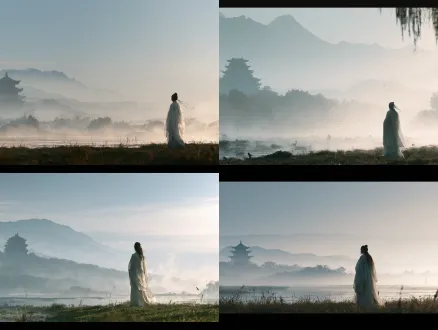 宽幅全景，16:9，初唐文人着淡透长袍立赣江畔草地远眺，左侧滕王阁，远山缠薄雾，秋雾漫，丁达尔光浮微尘，前景青草圆光斑，淡青乳白低饱和，35mm镜头f/1.8，软逆光，发丝衣边轮廓光，胶片颗粒，静谧悠远