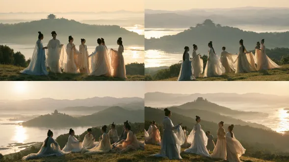 a panoramic shot: by the gan river in ancient nanchang, several young male and female literati in elegant early-tang robes are gathering on a sunlit grassy slope, laughing and gesturing gracefully. in the distance, the grand tengwang pavilion stands on a hill above wide misty river waters, layered green mountains fading into soft haze fill most of the frame; their flowing sheer silk garments in pale blue, moon white, warm cream, and soft peach flutter gently in the autumn breeze; fresh, peach-beige skin; soft golden hour backlight; gentle play of light and shadow on their faces and robes; subtle ambient shadows; lifelike golden reflections and ripples on the river's surface; crystal-clear air with thin morning mist; a vibrant yet understated ancient chinese literati gathering atmosphere; expansive, cinematic landscapes; canon eos r5; 35mm documentary perspective; kodak film colors