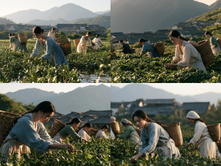 a panoramic shot: in an ancient chinese village, severalyoung women are picking tea leaves in the fields, carryingbamboo baskets on their backs. in the distance, gray-tiledfarmhouses and distant mountain ranges fill most of theframe; their simple, elegant cotton-linen garments in paleblue, tea green, and warm ivory flutter gently in the springbreeze; fresh, peach-beige skin; soft morning light; gentleplay of light and shadow on their faces; subtle ambientshadows; lifelike reflections and ripples on the water' ssurface; crystal-clear air; a vibrant yet understated ruralatmosphere; expansive, cinematic landscapes; canon eosr5; 35mm documentary perspective; kodak film colors -ar 16:9