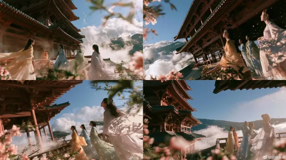 a low-angle extreme wide shot: 仰角远景，滕王阁朱红飞檐层层叠叠向上延伸，如飞鸟展翅般直插蓝天，檐下斗拱与回廊结构精巧，翠绿琉璃瓦屋面在阳光下泛着温润光泽。楼阁顶层露台栏杆边立着三四位鹅黄/粉橘/水蓝/嫩绿/淡紫相间襦裙的仕女，衣色鲜艳如花，身形为中景小剪影，凭栏远眺、衣袂被山风扬起飘飞，不聚焦面部。整座楼阁在前景翠绿枝叶与粉白桃花的衬托下气势恢宏。背景是翻腾的乳白色云海与远处翠绿层峦，楼阁下半部被云海缠绕，如天宫悬浮于云端。明亮自然的侧光从云隙斜射打在朱红梁柱与翠绿瓦面上形成温润高光，前景花叶被阳光打亮成通透散景，叶影斑驳洒在檐角、仕女肩头与衣袖上。空气中微尘与花瓣在光束中闪烁。24mm f/5.6 wide-angle, deep depth of field, looking up at towering vermilion pillars and green tiled tengwang pavilion eaves piercing blue sky above cloud sea, colorful ancient-chinese maidens in ruqun standing on rooftop terrace railing; canon eos r5; kodak portra 400 film colors
