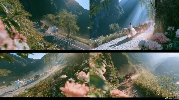 a high-angle exaggerated wide shot: 24mm 高角度俯冲，蜿蜒的石子山路像蛇一样扭曲、向山谷深处急速汇聚。一队古式车马沿着蜿蜒山路向高处行进——领头的白马前坐着一位白衣书生，身后跟着几辆古式马车与步行随行者，为动态行进中的远景剪影，被广角压缩成迷你积木，人与马的影子在路面被拉得很长。路旁绿树夹道——翠绿新叶、嫩绿垂柳、翠竹、几丛粉白野菊与鹅黄野菊、淡紫野花自然交错，色彩花花绿绿清新鲜活。明亮自然的侧光从山坳洒下，穿过叶隙在路面形成斑驳光斑。空气中微尘与花瓣在斜射光束中漂浮。24mm f/4 high-angle exaggerated perspective, winding mountain road twisting like a snake receding into valley, caravan with white-robed scholar on leading white horse moving uphill; canon eos r5; kodak portra 400 film colors