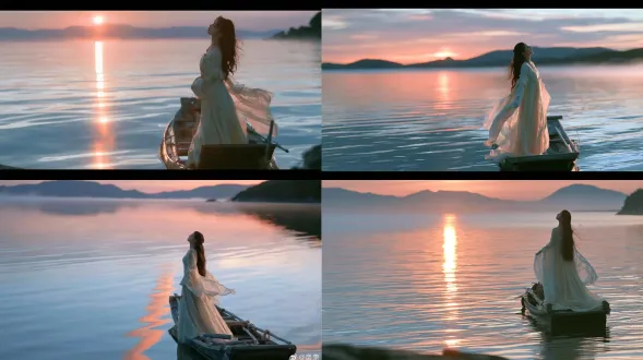 a medium wide shot over calm lake at sunset: 辽阔平静的湖面，夕阳低悬在远处山峦上方，天空从地平线一线暖橙粉向上渐变为淡紫、再到头顶淡蓝。一叶小小的渔舟静静浮在湖面正中央偏右位置，舟上一位鹅黄襦裙的年轻女子剪影站立船尾、手持长篙轻撑水面、仰头似在放声歌唱，身形小但清晰，长发与衣袂被晚风轻轻扬起飘飞。船在水中有完整清晰倒影，随微波轻轻晃动。夕阳在水面投下一条长长的橙色反光带，从地平线一直延伸到船边。远处水滨山峦只剩淡紫灰色剪影。空气中有薄雾感与水汽。渔歌远去、落日孤舟的悠远宁静感。200mm f/5.6 telephoto, calm lake at sunset with lone fishing boat and young woman in pale yellow ruqun standing at stern singing, hair and flowing sleeves in evening breeze, long orange reflection trail on water from horizon to boat, distant mountains as purple silhouettes; canon eos r5; kodak portra 400 film colors