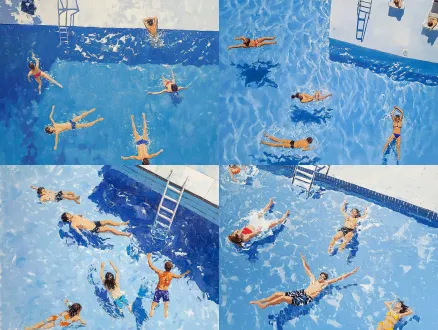 igh-angle top-down overhead composition, bold geometric segmentation, swimming pool scene, several young people relaxing and swimming in pool, varied postures, floating on water, treading water, lying back leisurely, vivid fragmented block brushstrokes, thick impasto oil painting texture, strong flat color blocks, bright saturated cobalt blue water, white foamy water ripples, simple pool ladder at top corner, summer atmosphere, clean and straightforward shape, expressive painterly style, obvious paint texture, fresh summer tone, high viewpoint, unique diagonal pool boundary