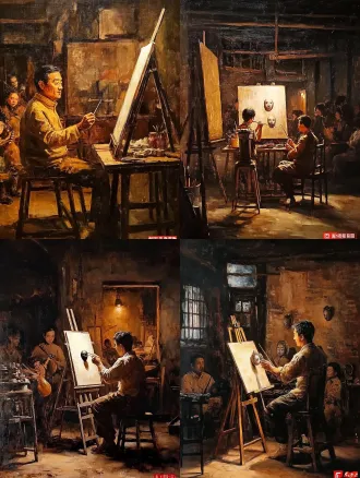 勾画戏曲脸谱的民间艺人，保留原图构图，厚重大笔触肌理，伦勃朗聚光，中式老屋，画架，戏服，伴奏乐手，暖黄顶光，强烈明暗对比，乡土烟火气，写实油画，颜料堆叠质感