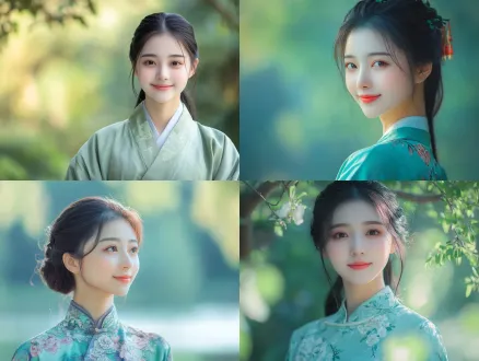 东方中国青年女子，更换为青绿山水新背景，中心构图，国风青绿山水场景，85mm定焦镜头，柔润自然光，温婉浅笑，低饱和青碧色调，舒展治愈。