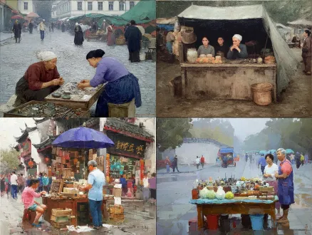 冬日街边缝补摊，三层空间构图，层次清晰，三位神态各异缝衣妇女，等候客人，旧木桌摆满工具，清冷阴天漫射光，低饱和高级灰，厚重笔触画布肌理，写实市井油画，美术馆参展，超高细节，沉稳叙事。