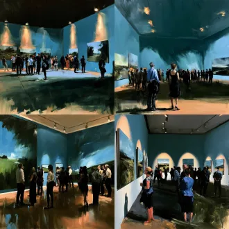 <lora:qianyu_oil:0.7>，草原主题油画联展，展厅墙面挂满草原、黄河风景油画，多名观众驻足观赏，暖调射灯，简洁展墙，松弛自然，油画笔触明显，温润色调