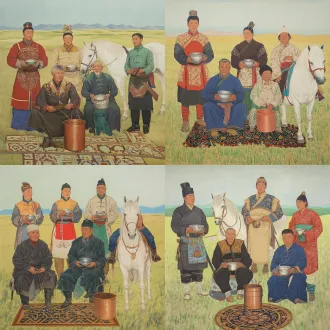 新工笔重彩坦培拉，平面化构图，无强透视，柔和低饱和色调，蒙古族群像，五人着传统服饰，二人捧银碗，老年夫妇坐旁，男子牵白马，铜奶桶置地，浅黄绿草原，几何暗纹地毯，纹样细腻，庄重平和，民俗艺术创作，1:1画幅