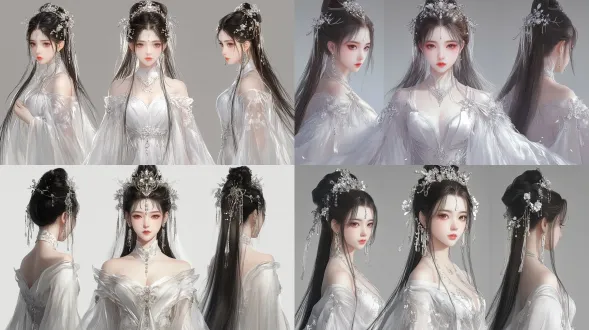 character asset card, three-view design (front, side, back). a breathtakingly beautiful young east asian woman, flawless porcelain skin, delicate oval face, high cranial top, deep almond eyes with double eyelids, natural aegyo-sal, straight nose bridge, full lips with soft red tint, long black hair flowing naturally, ethereal and divine aura, wearing an elaborate white sheer tulle gown with elegant neckline, silver crystal embroidery, sparkling sequins, and a large jeweled brooch at the chest, paired with a voluminous white feather shawl draped over both arms, wearing an ornate silver crystal forehead ornament with dangling crystal chains, long silver crystal flower earrings with dangling crystal tassels, silver crystal hair chains with teardrop pendants flowing through the hair, silver bracelets on both wrists, standing in standard t-pose, front view, side view, back view side by side, pure white background, studio flat lighting, ethereal atmosphere, divine elegance, ultra-realistic, 8k, masterpiece, best quality, highly detailed, soft natural makeup, glowing skin, serene and captivating gaze, timeless beauty, chinese xianxia aesthetic, haute couture,