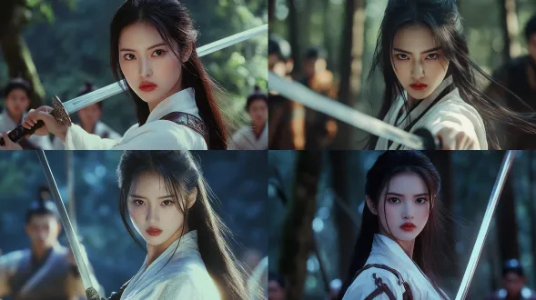 a striking and heroic young east asian woman, sharp and determined gaze, dark eyebrows, red lips, long black hair flowing naturally with slight breeze, wearing a white cross-collar ancient chinese martial arts robe with dark brown leather shoulder straps, holding a long silver sword in her right hand, blurred background with silhouettes of other martial artists, dense forest setting, 1990s hong kong wuxia film style, cinematic lighting, cool blue and warm orange color grading, soft film grain, shallow depth of field, shot on 85mm lens, f/1.4, dramatic atmosphere, heroic spirit, timeless martial arts aesthetic, ultra-realistic, cinematic portrait, 8k, masterpiece, best quality, highly detailed,